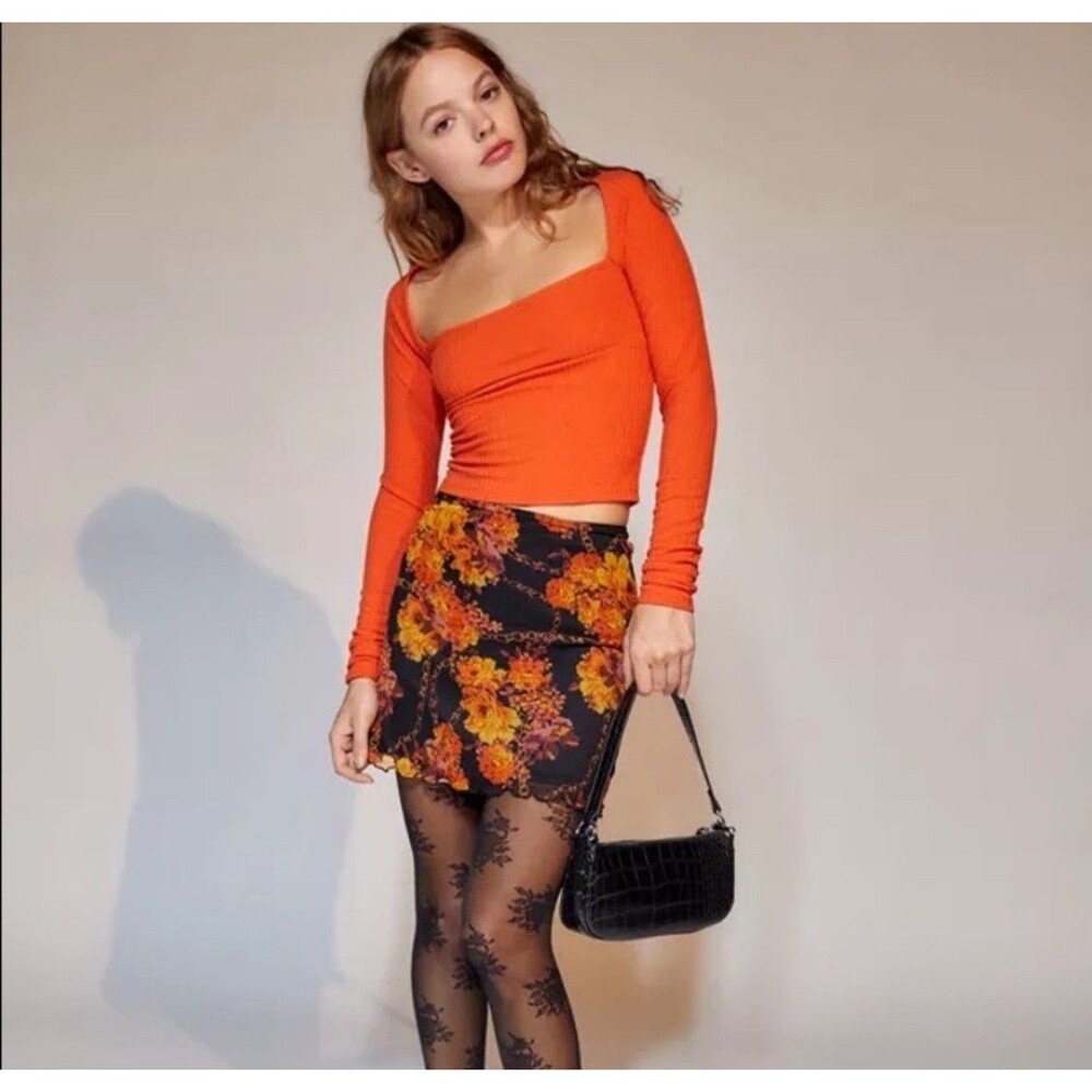 Orange Ribbed Square Neck Long Sleeve Cropped Top - Size M